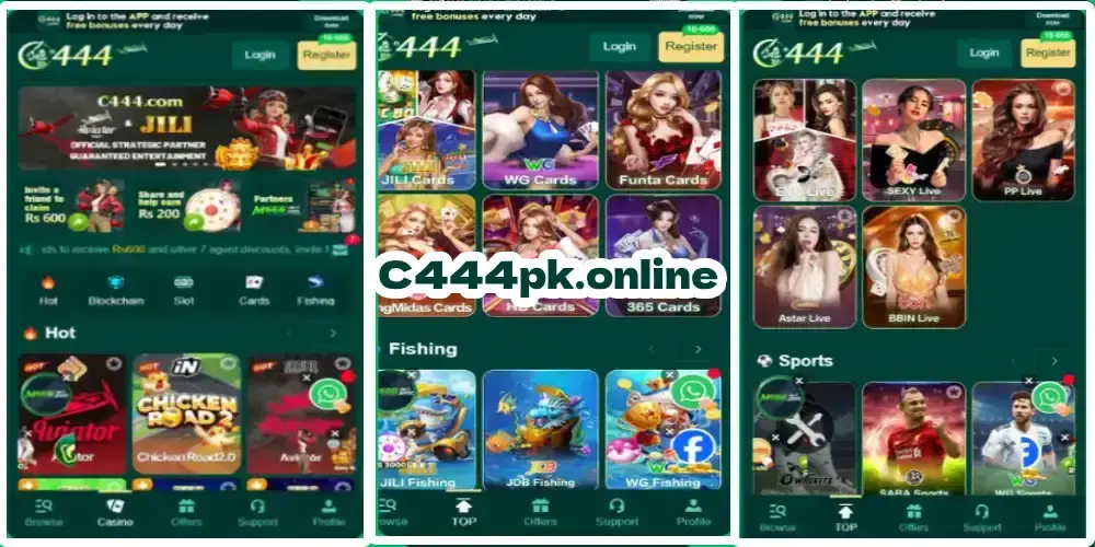 C444 mobile app home and color prediction lobby for players in Pakistan